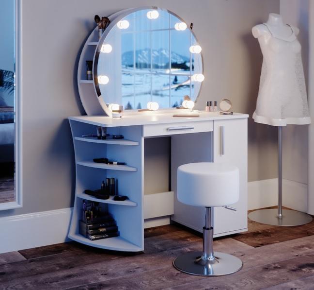 Table de maquillage d'angle coiffeuse avec miroir et LED + tabouret gris  clair