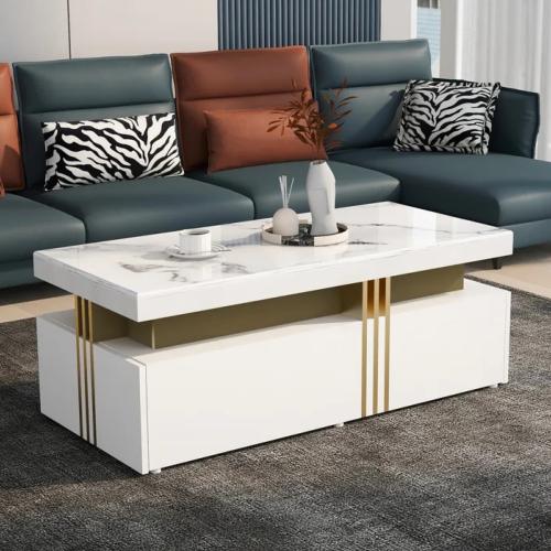 TABLE basse design, 100 cm, 2 tiroirs, blanc marbré