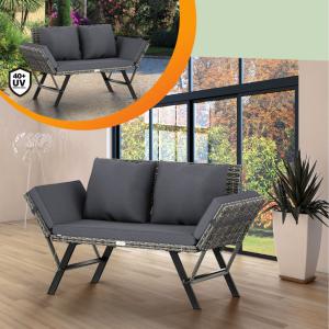 Banc modulable, transat, résine tressée grise, coussins gris