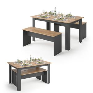 Salle à manger, TABLE 140 cm et bancs, anthracite/beige