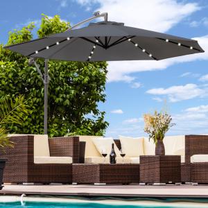 Parasol déporté, à éclairage LED solaire, 300 cm, gris