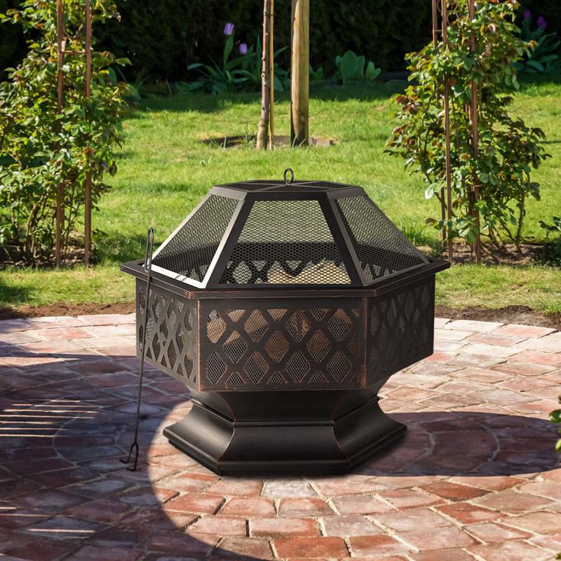 Outsunny Brasero cheminée foyer extérieur hexagonal en acier  pare-étincelles avec tisonnier dim. 70L x 70l x 58H cm - noir